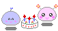 a gif of two floating cartoon balls celebrating next to a birthday cake. text saying 'happy birthday' flashes on and off.