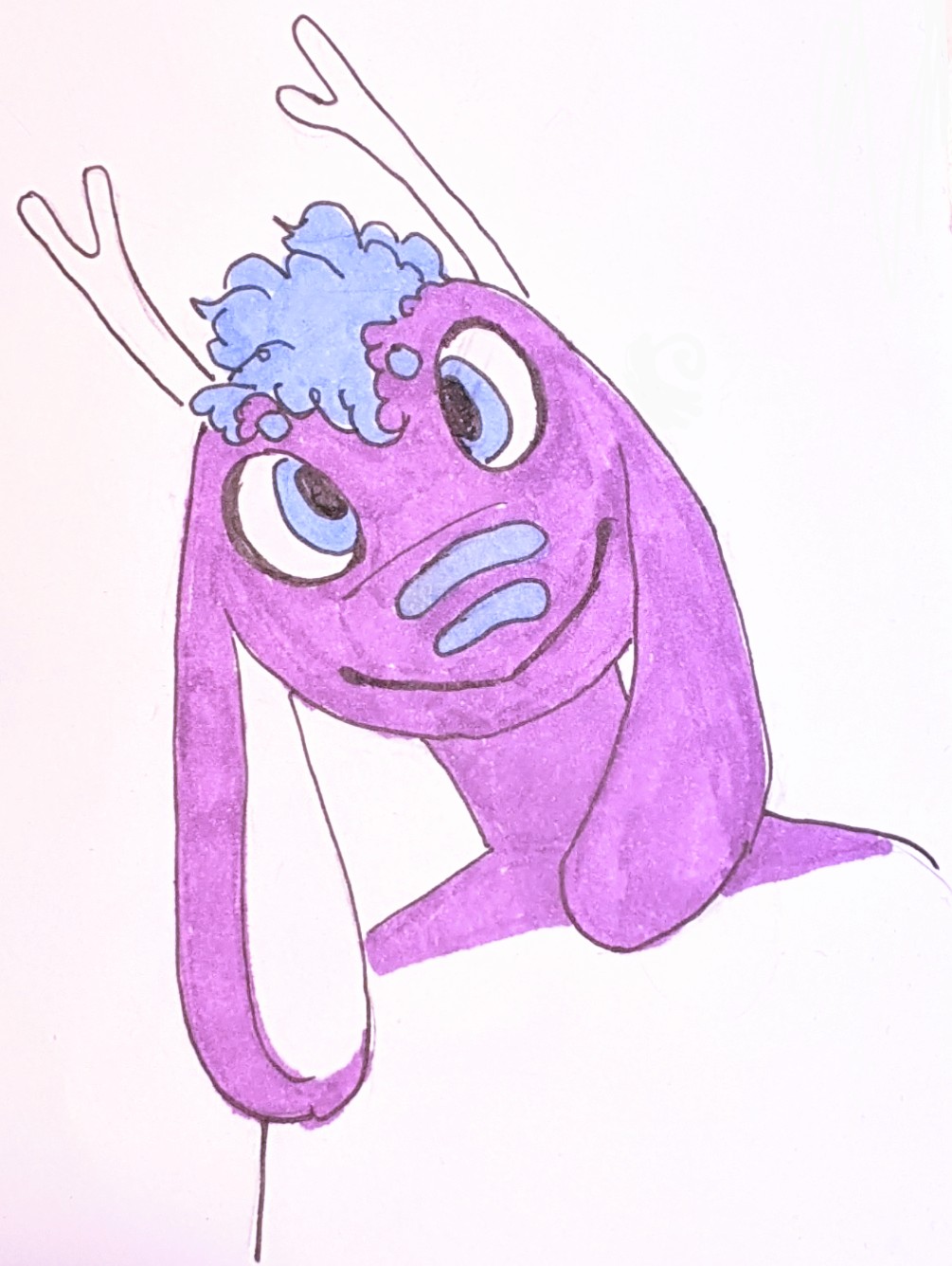 a purple dragon character with long ears, horns, blue fluffy hair, stripes on their nose, and small deer horns on their head. their head is tilted to the left, they are smiling and looking at the viwer.